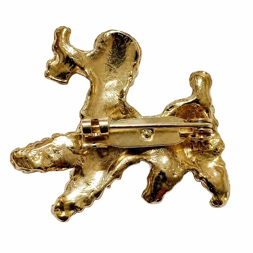 Vintage Figural Poodle Dog Brooch Cream Enamel Gold Tone Novelty Pin